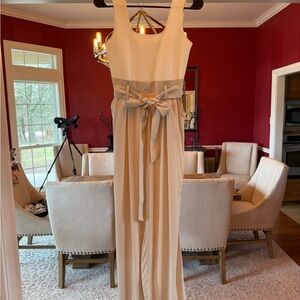 Juniors Sleeveless Cream Bow-Waist Jumpsuit